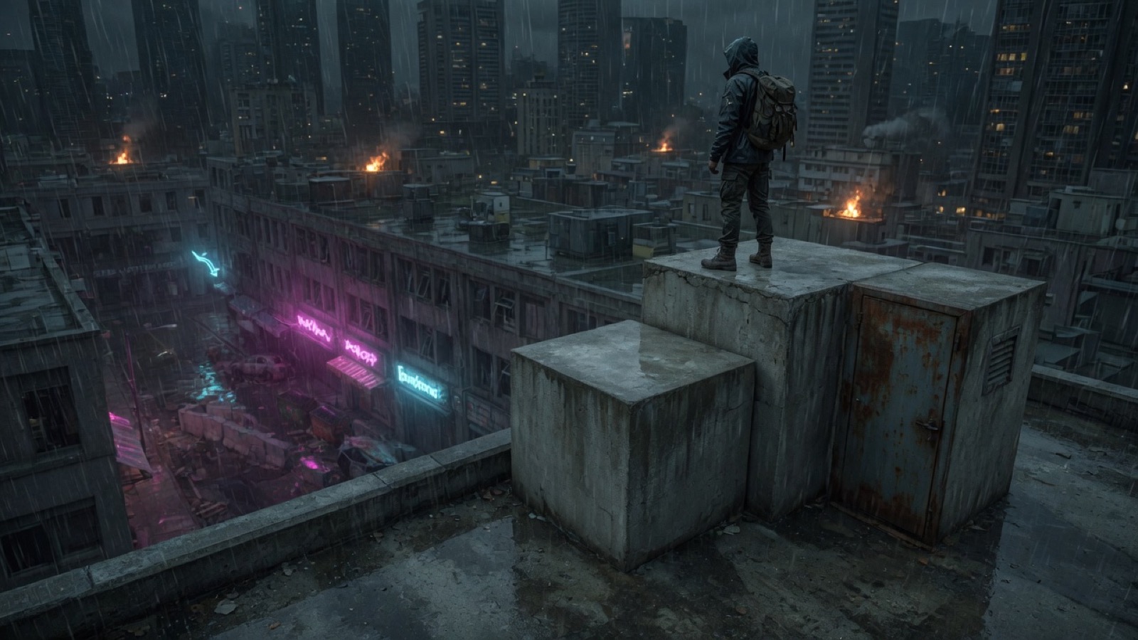 A survivor watches the burning city from a rain-soaked rooftop